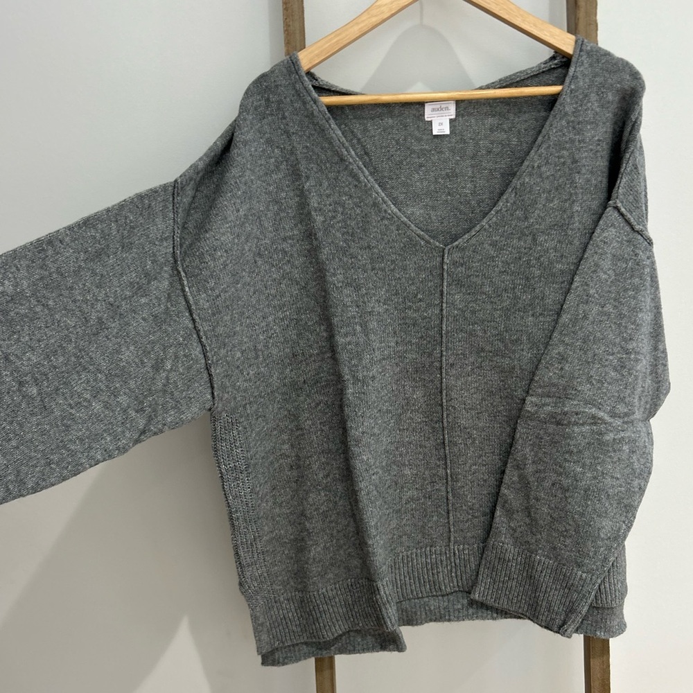 Auden Women Gray Oversized Stretchy V-Neck Sweater Soft Grandmacore Size 2X NWT